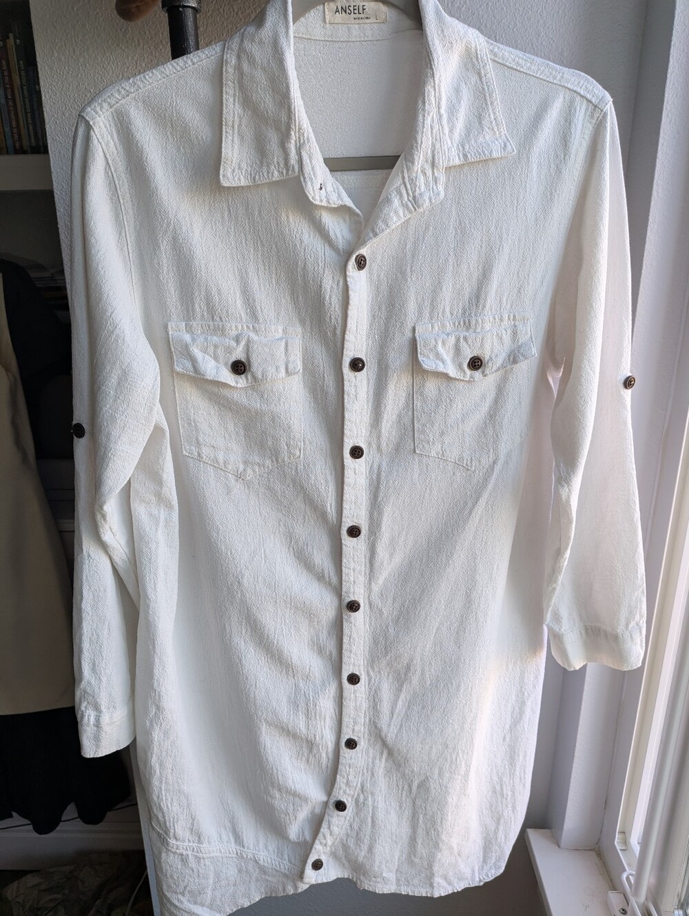 Anself Lagenlook Crinkle Cotton Asymmetrical Tunic Shirt Cream L